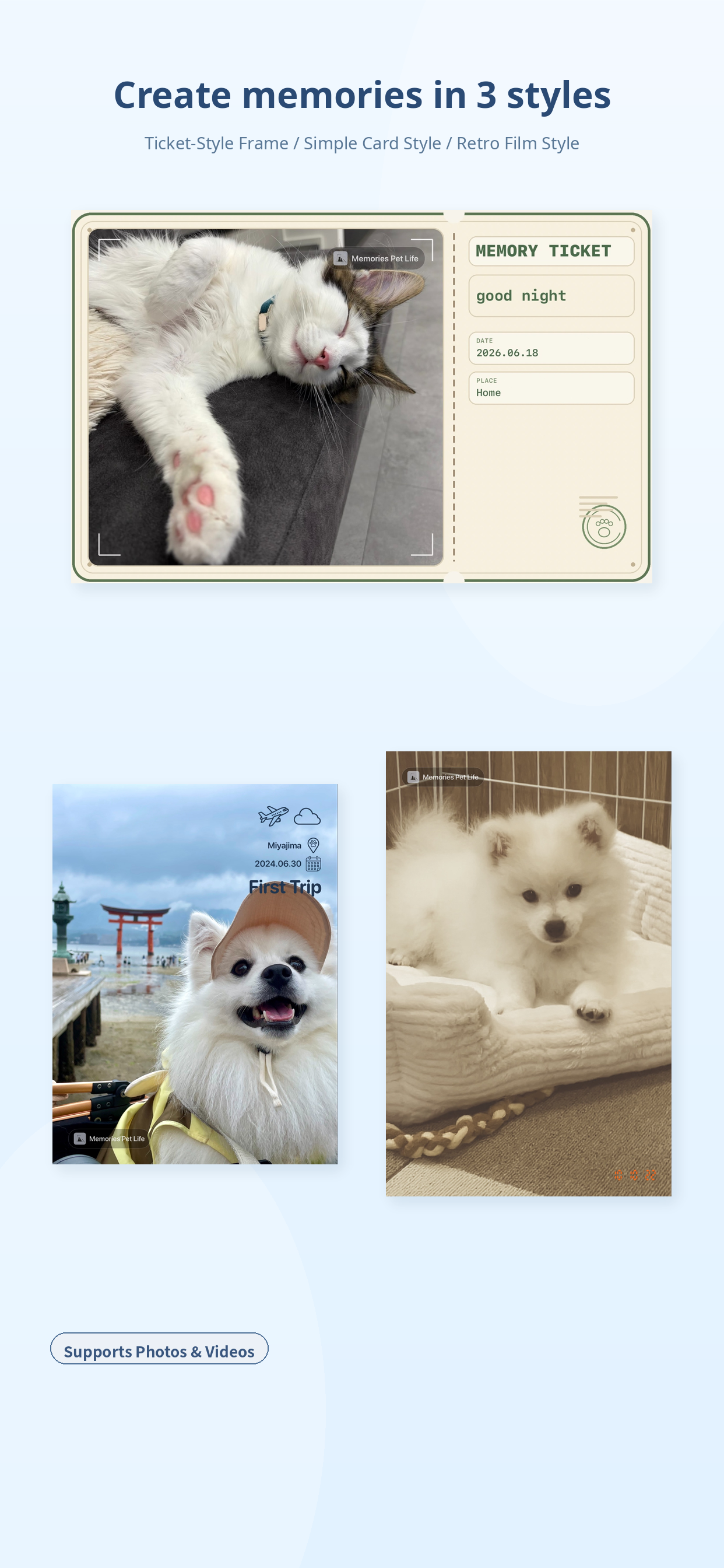 Preview image showing three photo and video editing styles in Memories Pet Life