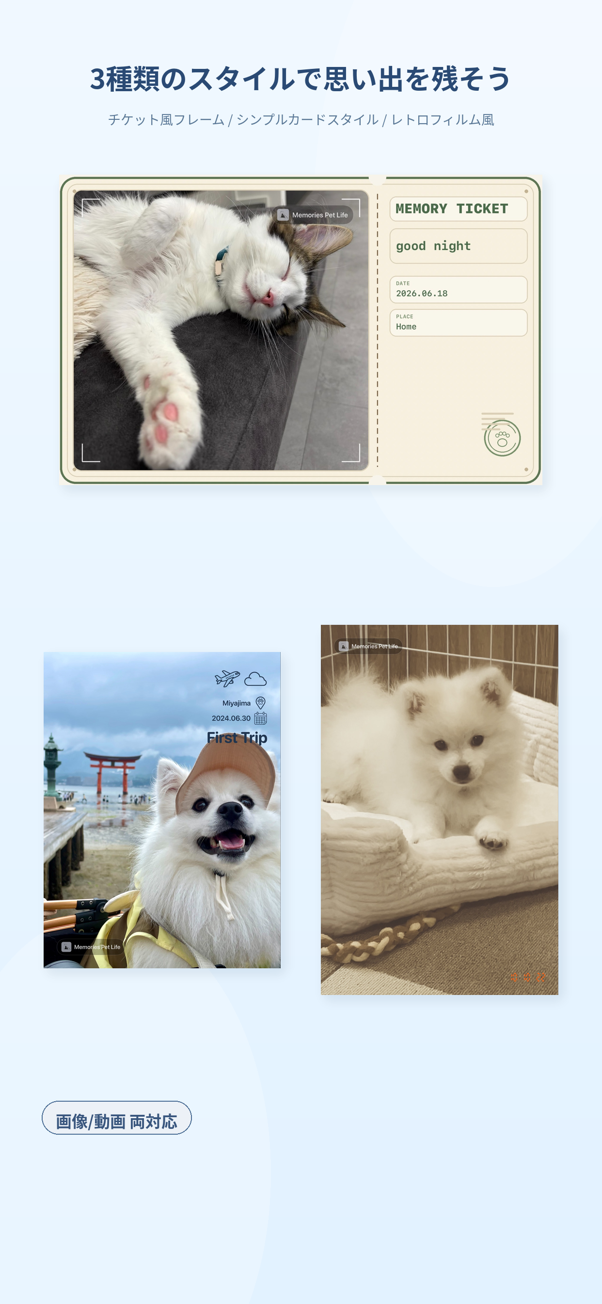 写真や動画に対応した3種類の編集スタイルを紹介するMemories Pet Lifeのプレビュー画像